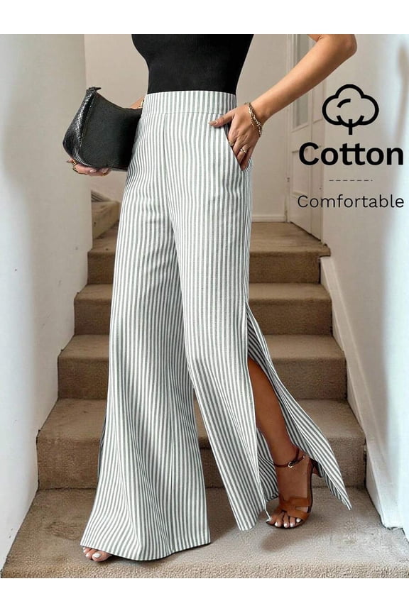 Womens Grey And White Stripe Cotton Wide Leg Pants High Waist Side Slit