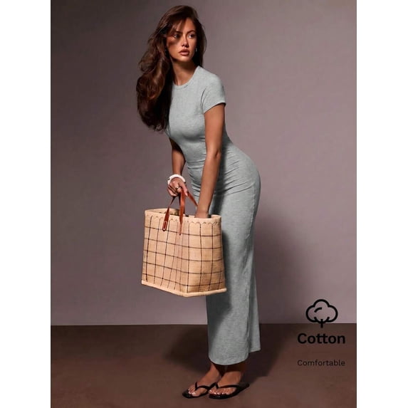 Womens Grey Casual Round Neck Short Sleeve Long Maxi T-Shirt Dress