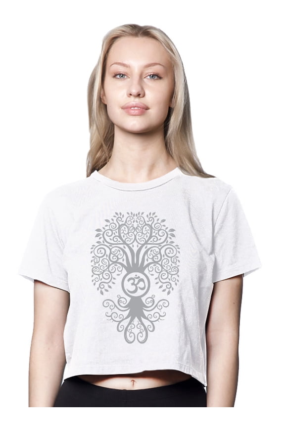Womens Grey Distressed OM Symbol American-Made Cute Cropped Yoga Tee Shirt, Medium White