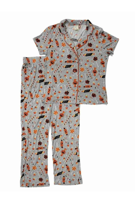 Womens Grey Halloween Candy Print Button Top & Leggings Pajama PJ Sleep Set XS