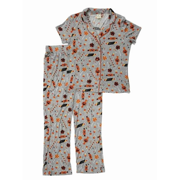 Womens Grey Halloween Candy Print Button Top & Leggings Pajama PJ Sleep Set XS