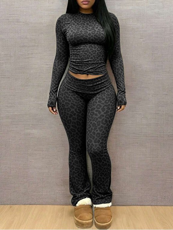 Womens Grey Leopard Print Ruched Long Sleeve Crop Top & High-Waist Flare