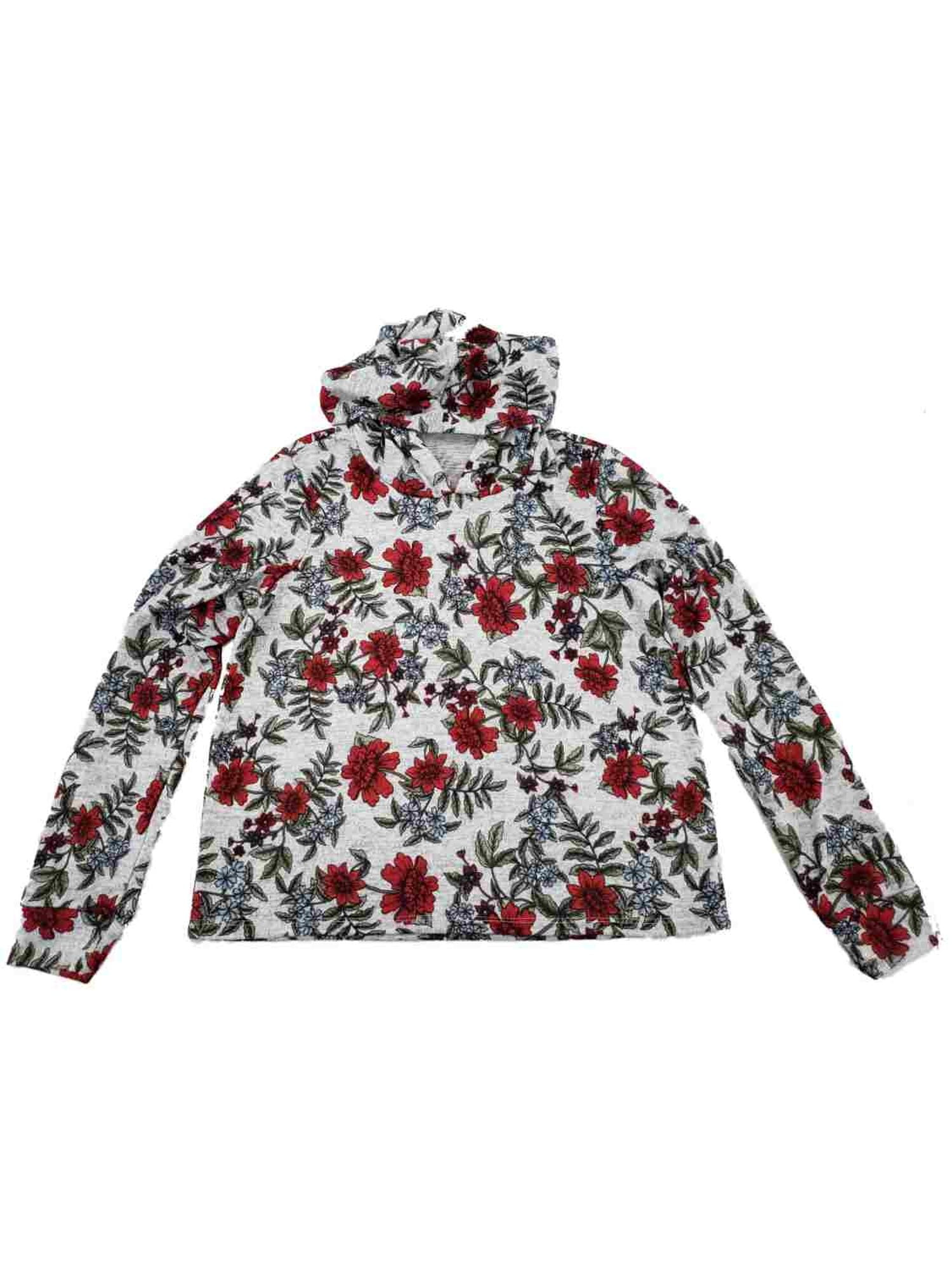 Womens Black Floral Flower Long Sleeve Hoodie Hooded T-Shirt Tee