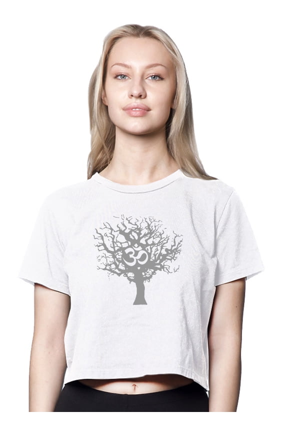 Womens Grey Tree of Life American-Made Cute Cropped Yoga Tee Shirt, Medium White