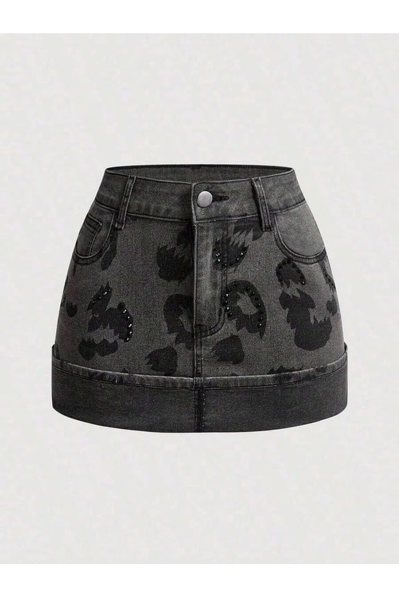 Womens Grey Washed Leopard-Print Denim Mini Skirt With Studded Detail And Rolled Hem