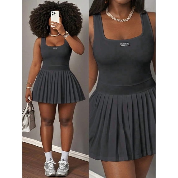 Womens Grey Y2K Tennis Dress, Sleeveless Pleated Mini Skirt With Shorts