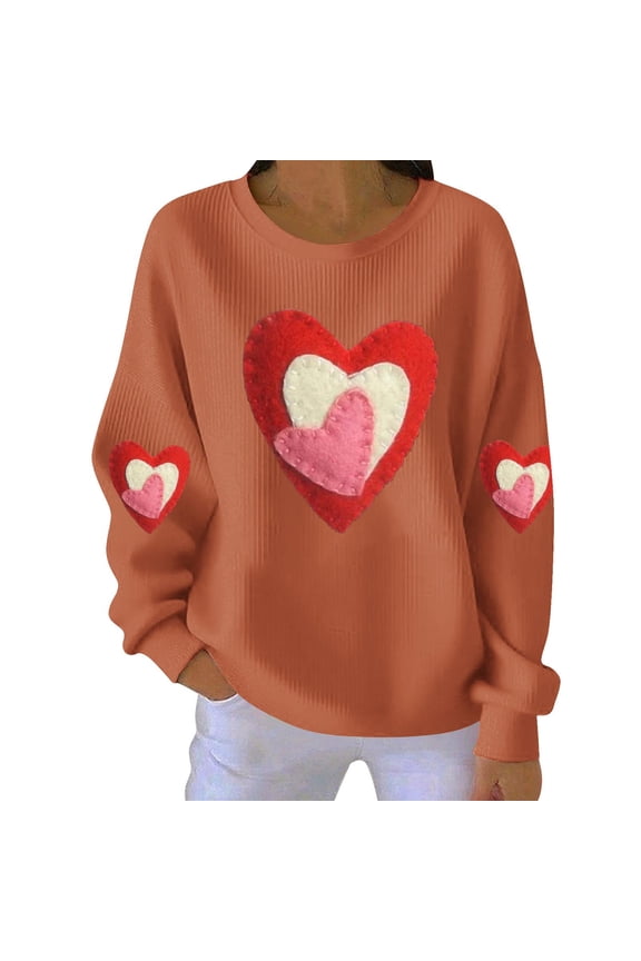 Womens Grooved Valentine Sweatshirt - Textured Thread Heart Print Pullover, Casual Long Sleeve Round Neck Top, 2026 Romantic Knit Wear Gift