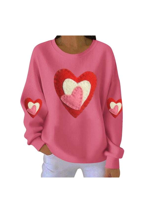 Womens Grooved Valentine Sweatshirt - Textured Thread Heart Print Pullover, Casual Long Sleeve Round Neck Top, 2026 Romantic Knit Wear Gift