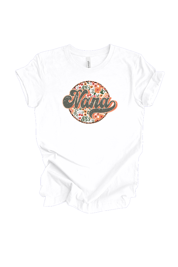 Womens Groovy Vintage Floral Circle Ladies Mother's Day White Short Sleeve T-Shirt-Nana-X-Large