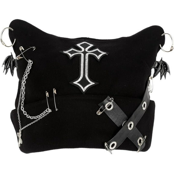 Womens Grunge Beanie Goth Crochet Hat, Y2K Cat Fox Ear Beanie Gothic Accessories Winter Outdoor Streetwear Black