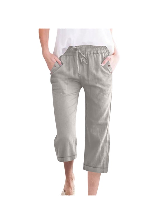 Womens Gym Capris New Capris Pants for Women Cotton Linen Casual Summer 2025 Straight Wide Leg Loose Drawstring Elastic Waist Cropped Trouser Gray 4XL
