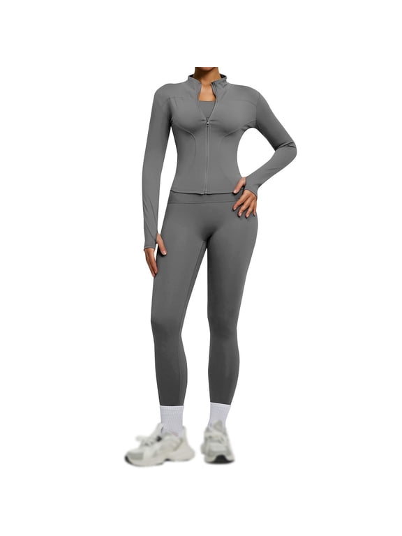 Womens Gym Workout Sets Seamless 2 Piece High Waist Leggings Long Sleeve Yoga Workout Jacket, Gray M