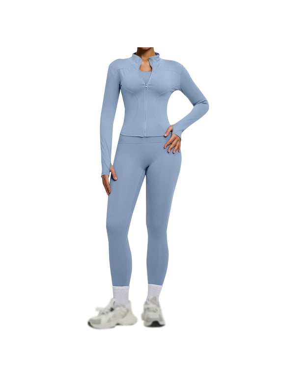 Womens Gym Workout Sets Seamless 2 Piece High Waist Leggings Long Sleeve Yoga Workout Jacket, Light Blue M