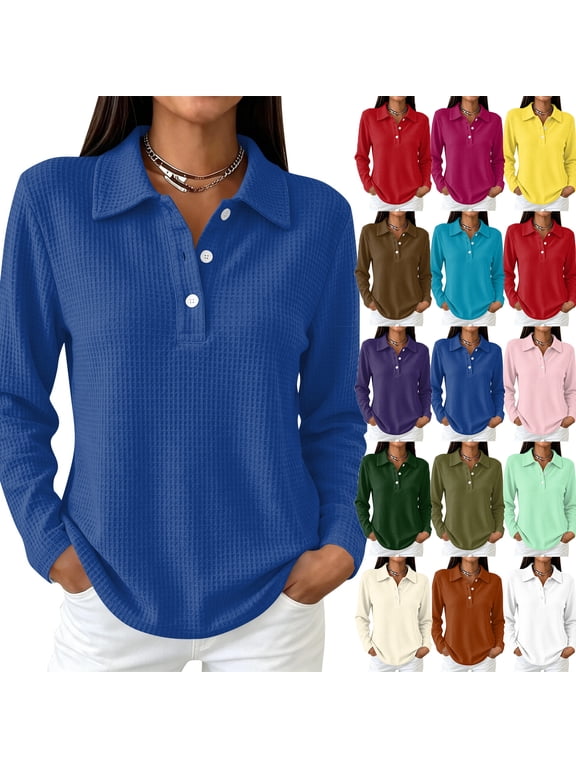 Womens Half Button Polo Shirt Long Sleeve Waffle Knit Collared Tunic Top Relaxed Fit Solid Casual Work Blouse XL