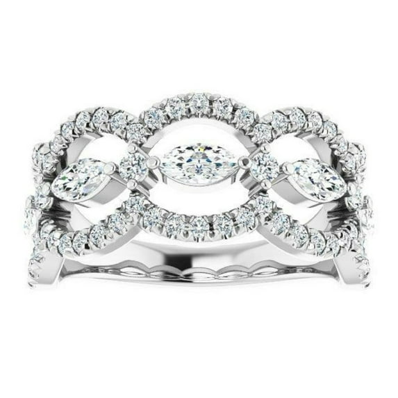 Womens Half Eternity Diamond Wedding Band, Marquise And Round Cut Diamond Engagement Band, Open Halo Diamond Band, 14K White Gold Plated, 2.3 Ct Simulated Diamond, Gift Ring