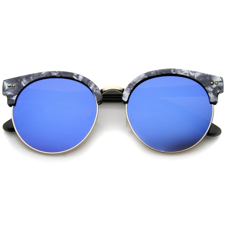 Womens Half-Frame Marble Finish Moon Cut Color Mirrored Lens Round  Sunglasses