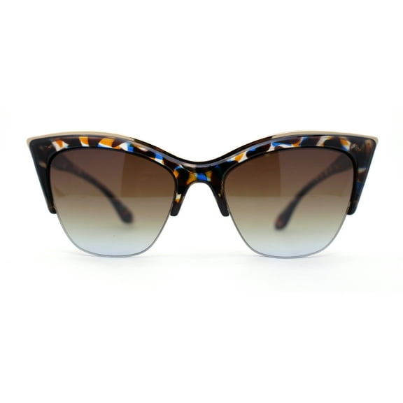 Womens Half Rim Elegant Metal Brow Designer Cat Eye Sunglasses Blue Tortoise