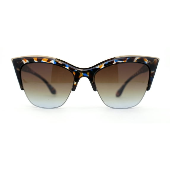 Womens Half Rim Elegant Metal Brow Designer Cat Eye Sunglasses Blue Tortoise