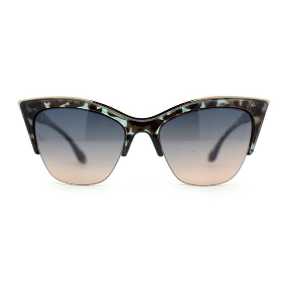 Womens Half Rim Elegant Metal Brow Designer Cat Eye Sunglasses Green Tortoise