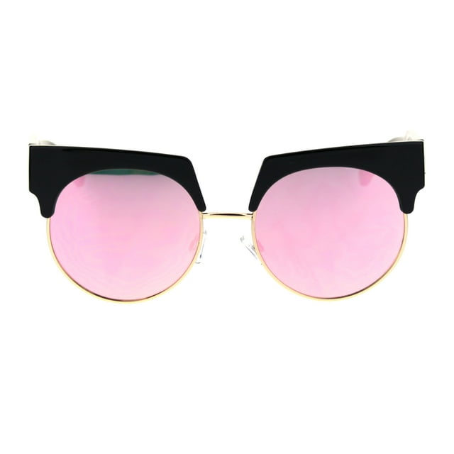 Womens Half Rim Eyebrow Horn Round Retro Sunglasses Black Gold Pink Mirror