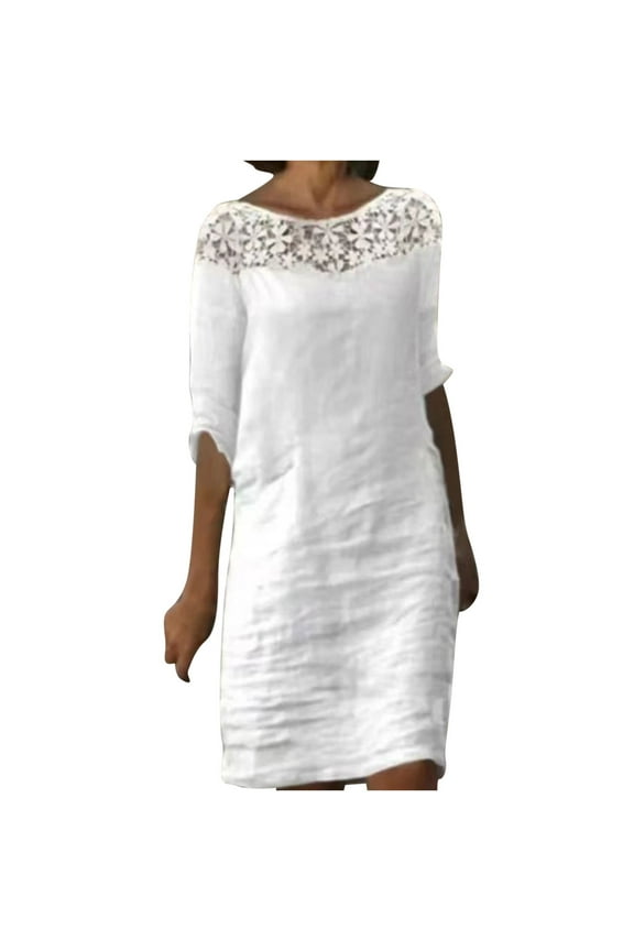 Womens Half Sleeve Cotton Linen Dress Lace Patchwork Summer Casual Boat Neck Loose Knee Length Short Cute Dress (Large, White)