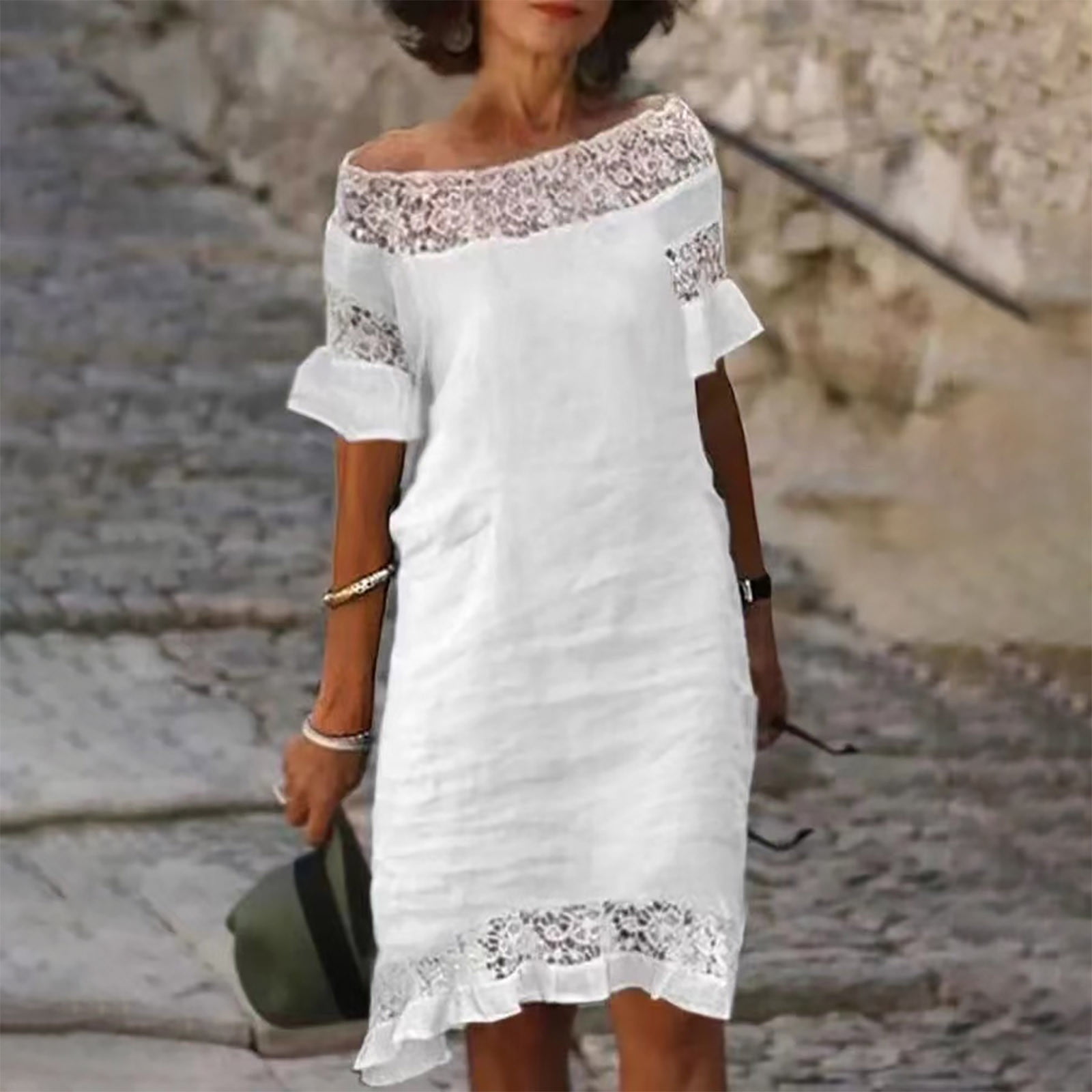 Womens Half Sleeve Cotton Linen Dress Lace Patchwork Summer Casual Boat Neck Loose Knee Length Short Cute Dress (X-Large, White 01) Womens Half Sleeve Cotton Linen Dress Lace Patchwork Summer Casual Boat Neck Loose Knee Length Short Cute Dress (X-Large, White 01)