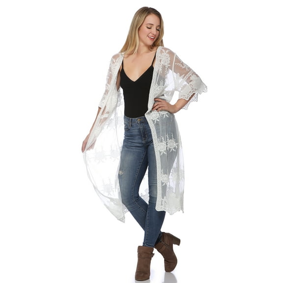 Womens Half Sleeve Lace Flower Embroidered Cover up Kimono Cardigan, Ivory, Onesize