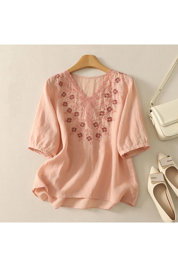 Womens Half Sleeve Mexican Blouse Casual V Neck Floral Embroidered Tops Vintage Loose Fit Cotton Linen Boho Shirts