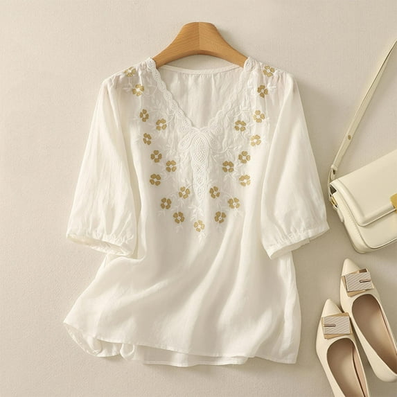 Womens Half Sleeve Mexican Blouse Casual V Neck Floral Embroidered Tops Vintage Loose Fit Cotton Linen Boho Shirts