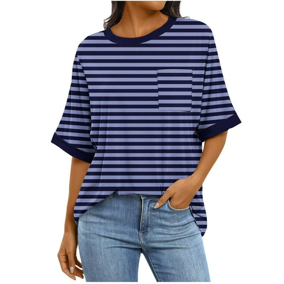 Womens Half Sleeve Round Neck T-Shirts, Loose Casual Basic Tunic Tops Striped Tee Shirt Dark Blue XXL