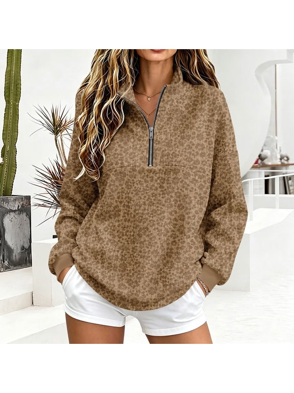 Womens Half Zip Animal Print Sweatshirt Leopard Design Long Sleeve Oversized Tops