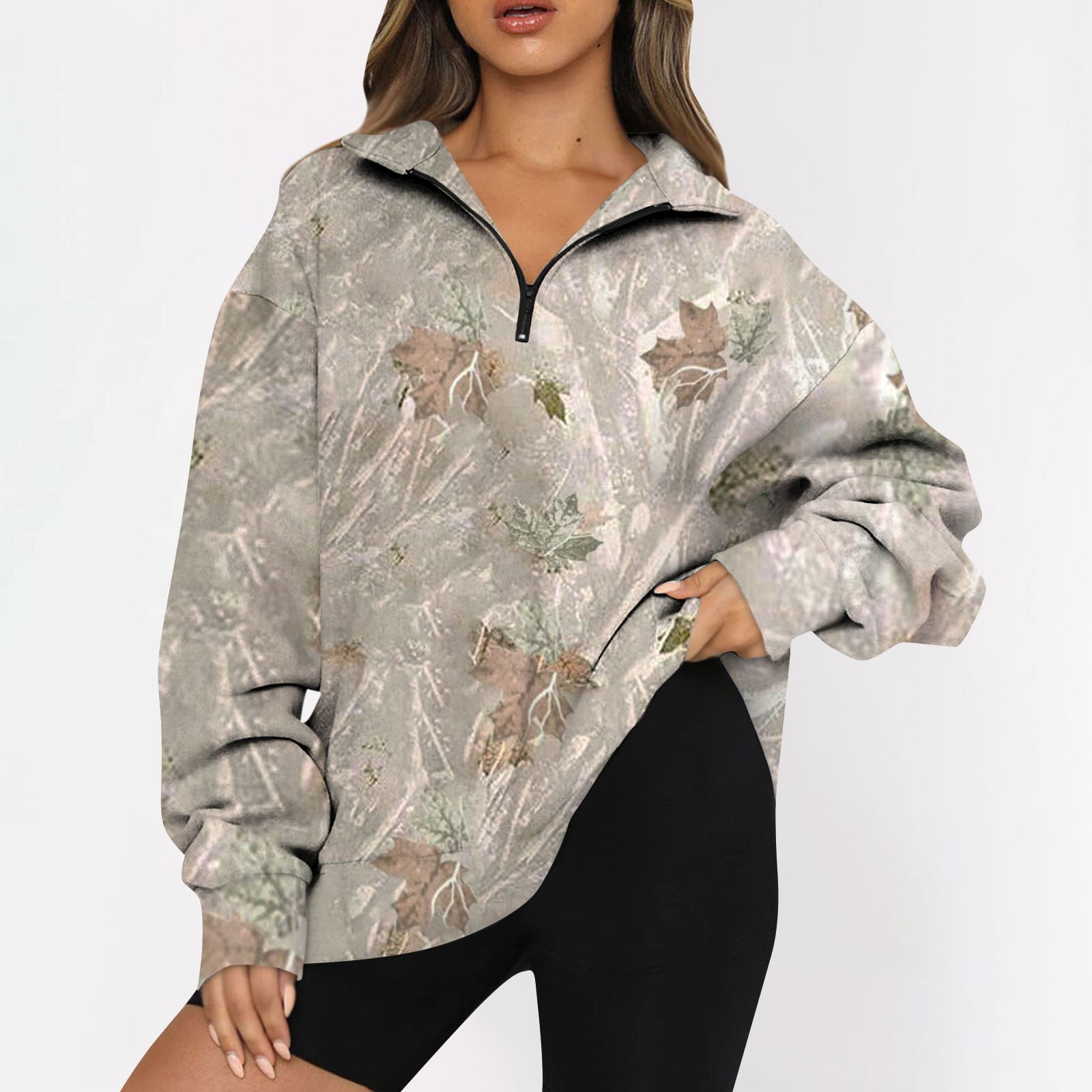 Womens Half Zip Camo Sweatshirt Maple-Leaf Print Oversized Long Sleeve  Collar Drop Shoulder Solid 1/4 Zipper Pullover Jacket 