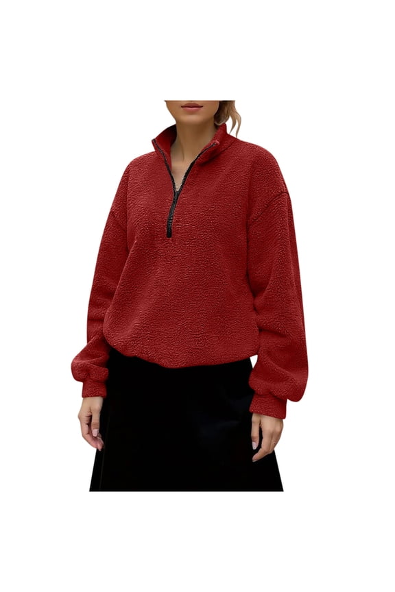Womens Half Zip Fleece Pullover Long Sleeve Oversized Sherpa Sweatshirt Warm Zipper High Neck Fuzzy Sweater Tops (XL, Red)