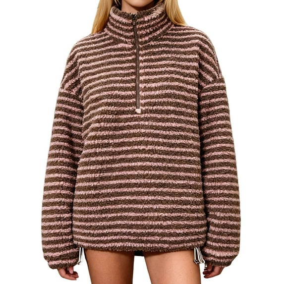 Womens Half Zip Fleece Striped Jacket Oversized Stand-Up Collar Sweatshirt Warm-Fuzzy Outerwear Brown XL