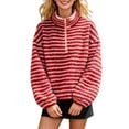 thumbnail image 1 of Womens Half Zip Fleece Striped Jacket Oversized Stand-Up Collar Sweatshirt Warm-Fuzzy Outerwear Red L, 1 of 9