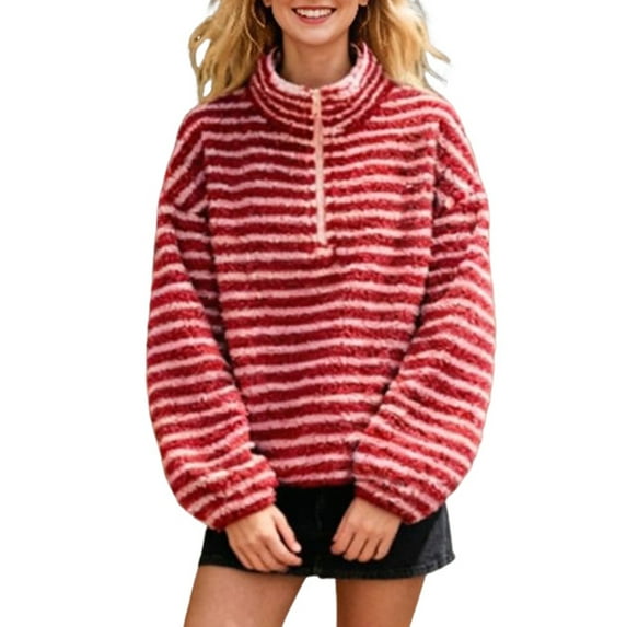 Womens Half Zip Fleece Striped Jacket Oversized Stand-Up Collar Sweatshirt Warm-Fuzzy Outerwear Red L