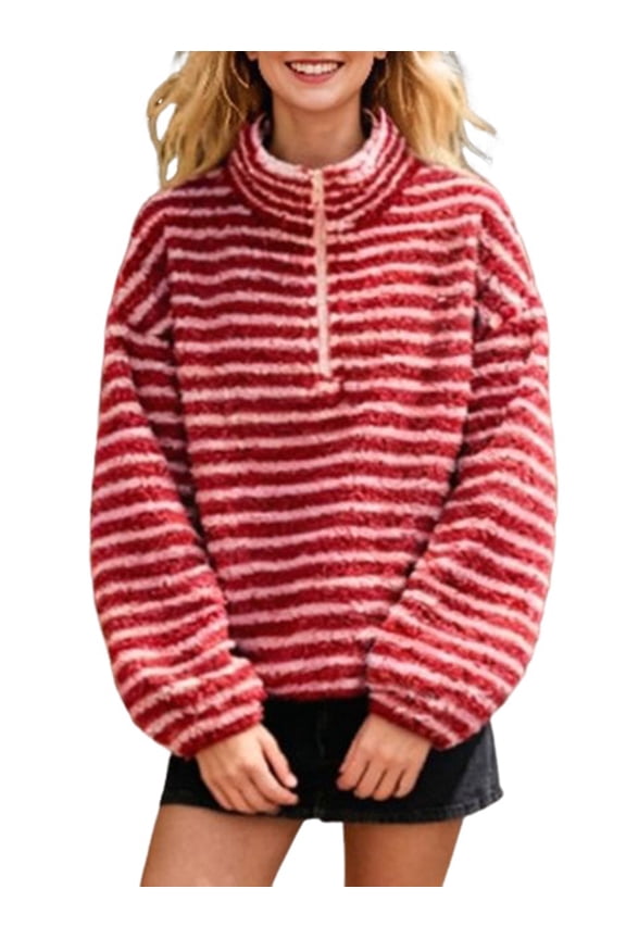 Womens Half Zip Fleece Striped Jacket Oversized Stand-Up Collar Sweatshirt Warm-Fuzzy Outerwear Red L