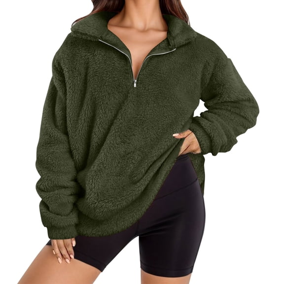 Womens Half Zip Fuzzy Fleece Sherpa Pullover Long Sleeve Oversized Sweatshirt Quarter Zip Crew Neck Sweatshirts Tops Teen Girls Fall Witer Clothes