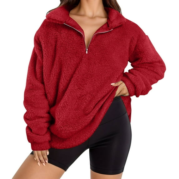 Womens Half Zip Fuzzy Fleece Sherpa Pullover Long Sleeve Oversized Sweatshirt Quarter Zip Crew Neck Sweatshirts Tops Teen Girls Fall Witer Clothes