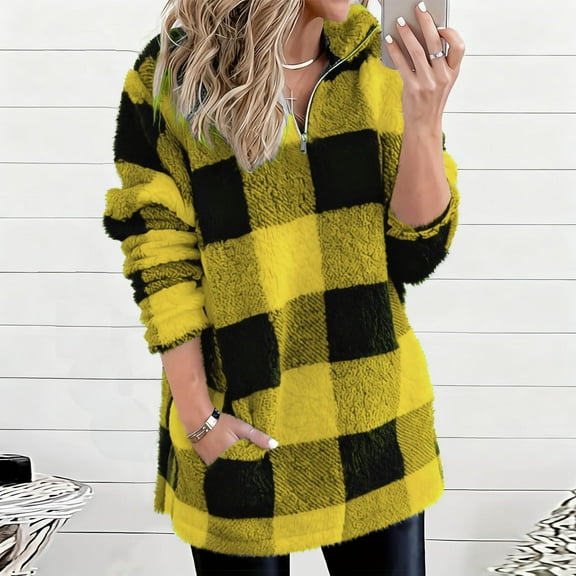 Womens Half Zip Fuzzy Sweatshirt Loose Casual Warm Fleece Plaid Sweatshirt with Pockets Fall Winter Warm Loungewear Pullover Tops Yellow XXL