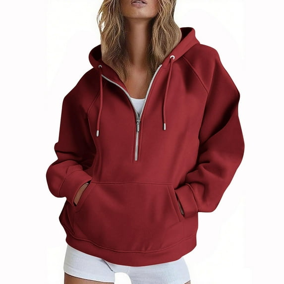 Womens Half Zip Hoodie with Pocket Long Sleeve Oversized Cotton Drawstring Pullover Hooded Sweatshirt Solid Color (L, Red)