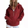 thumbnail image 1 of Womens Half Zip Hoodie with Pocket Long Sleeve Oversized Cotton Drawstring Pullover Hooded Sweatshirt Solid Color (M, Red), 1 of 4