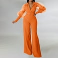 Tyiszil Jumpsuit for Women Orange VNeck Long Sleeve Solid WideLeg