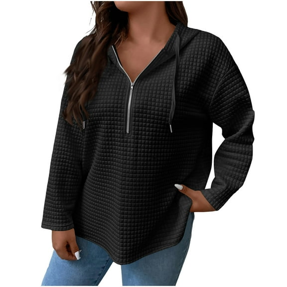Womens Half Zip Hoodies Long Sleeve Drawstring Waffle Casual Hooded Sweatshirts Solid Loose Fit Fall Pullover Tops