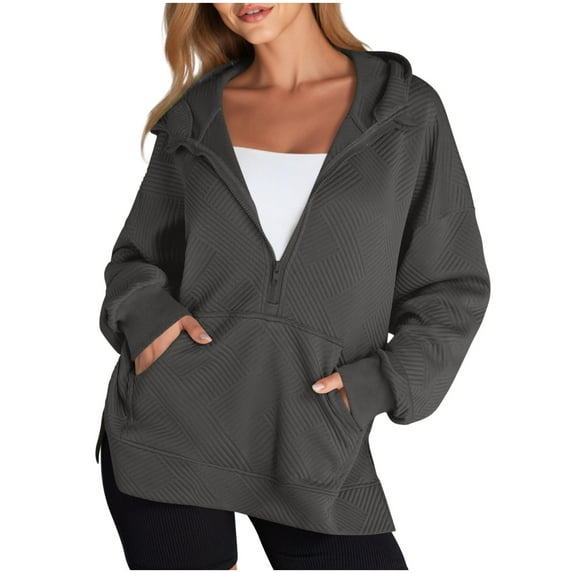 Womens Half Zip Hoodies, Long Sleeve Pullover for Women Fall Fashion Solid Color V Neck Zip Up Sweatshirts with Pockets