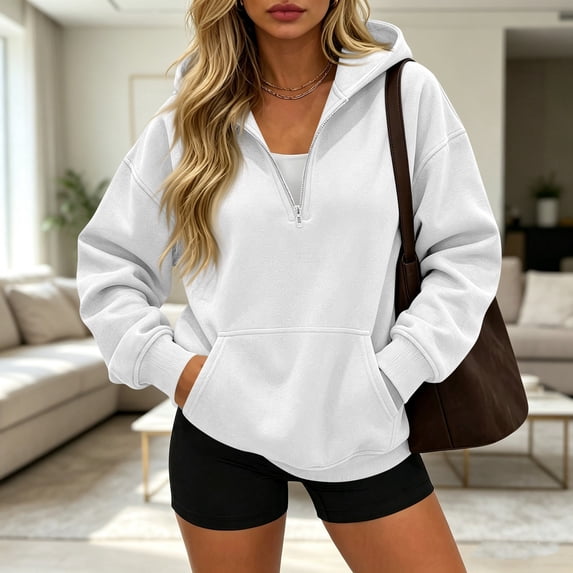 Womens Half Zip Hoodies With Long Sleeves Kangaroo Pocket Solid Color And Relaxed Pullover Styling For Casual Everyday Wear