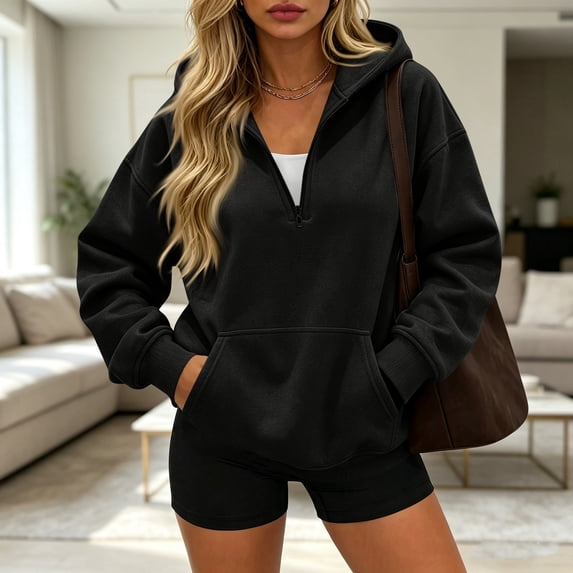 Womens Half Zip Hoodies With Long Sleeves Kangaroo Pocket Solid Color And Relaxed Pullover Styling For Casual Everyday Wear