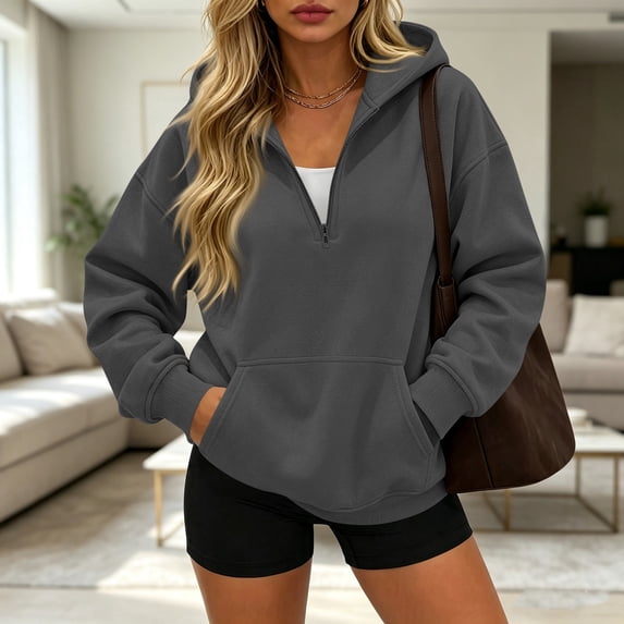 Womens Half Zip Hoodies With Long Sleeves Kangaroo Pocket Solid Color And Relaxed Pullover Styling For Casual Everyday Wear