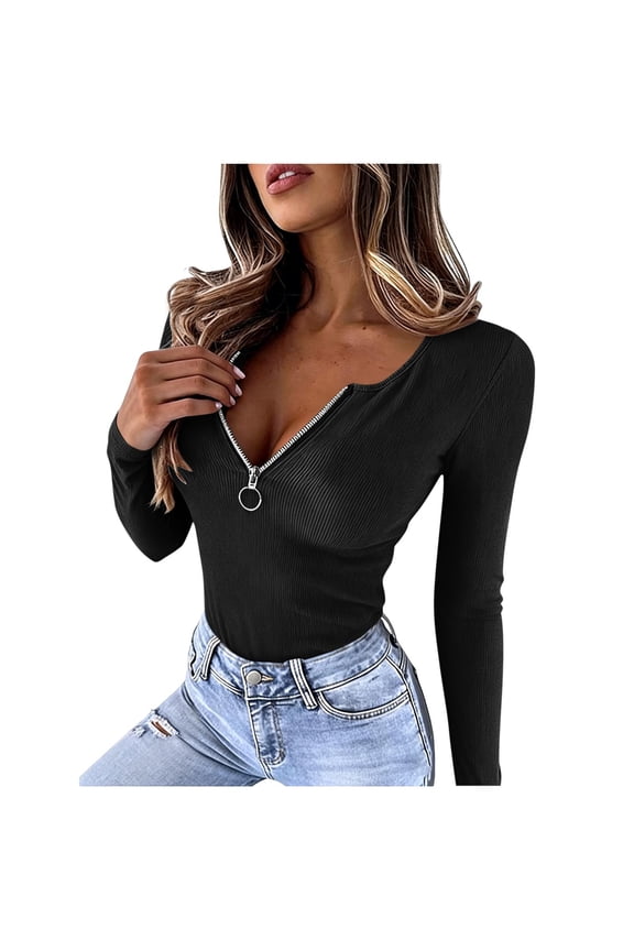 Womens Half Zip Long Sleeve Shirts Round Neck Solid Color Tops Fall Out Going Trip Shirts Blouses Black L