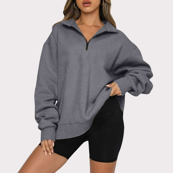 Womens Half Zip Oversized Solid Sweatshirt,Quarter Zip Pullover Women 2024,Sweatshirt for Women Lapel Collar Sweatshirts Trendy Fall Fashion Teen Girls